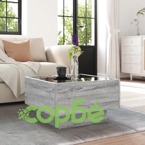 Маса за кафе с LED, сив сонома, 50x50x30 см, инженерно дърво ➤ топ цена ➤ sorbe.bg