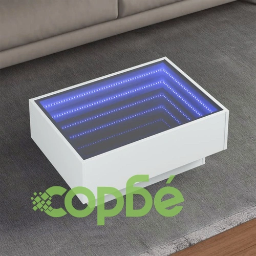 Маса за кафе с LED, бяла, 70x50x30 см, инженерно дърво ➤ топ цена ➤ sorbe.bg