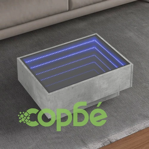 Маса за кафе с LED, бетонно сива, 70x50x30 см, инженерно дърво ➤ топ цена ➤ sorbe.bg