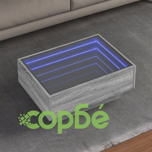 Маса за кафе с LED, сив сонома, 70x50x30 см, инженерно дърво ➤ топ цена ➤ sorbe.bg