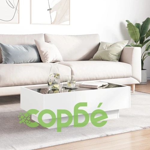Маса за кафе с LED, бяла, 90x50x30 см, инженерно дърво ➤ топ цена ➤ sorbe.bg