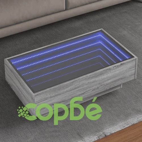 Маса за кафе с LED, сив сонома, 90x50x30 см, инженерно дърво ➤ топ цена ➤ sorbe.bg