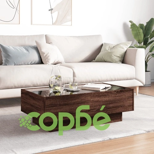 Маса за кафе с LED, кафяв дъб, 90x50x30 см, инженерно дърво ➤ топ цена ➤ sorbe.bg