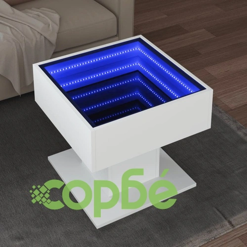 Маса за кафе с LED, бяла, 50x50x45 см, инженерно дърво ➤ топ цена ➤ sorbe.bg