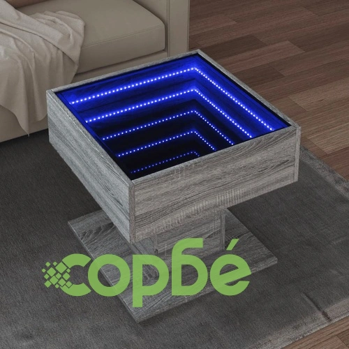 Маса за кафе с LED, сив сонома, 50x50x45 см, инженерно дърво ➤ топ цена ➤ sorbe.bg