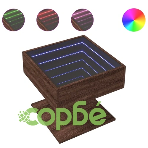 Маса за кафе с LED, кафяв дъб, 50x50x45 см, инженерно дърво ➤ топ цена ➤ sorbe.bg