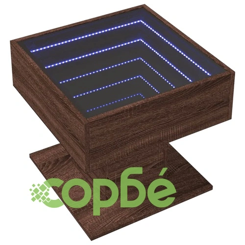 Маса за кафе с LED, кафяв дъб, 50x50x45 см, инженерно дърво ➤ топ цена ➤ sorbe.bg