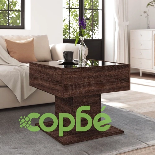 Маса за кафе с LED, кафяв дъб, 50x50x45 см, инженерно дърво ➤ топ цена ➤ sorbe.bg