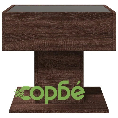Маса за кафе с LED, кафяв дъб, 50x50x45 см, инженерно дърво ➤ топ цена ➤ sorbe.bg