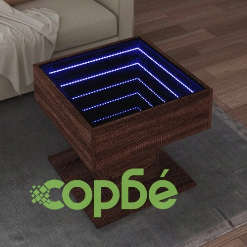 Маса за кафе с LED, кафяв дъб, 50x50x45 см, инженерно дърво ➤ топ цена ➤ sorbe.bg