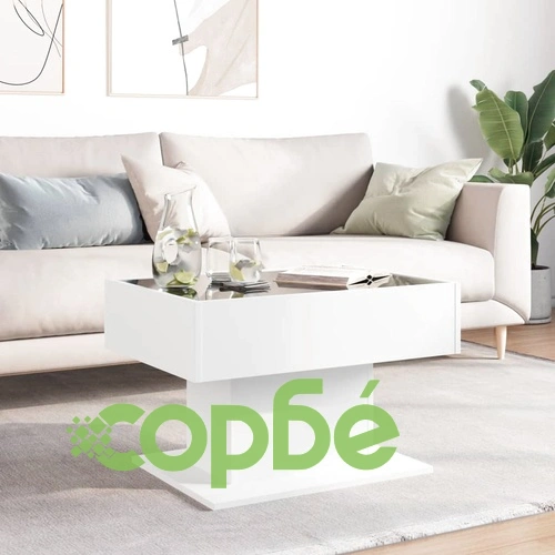 Маса за кафе с LED, бяла, 70x50x45 см, инженерно дърво ➤ топ цена ➤ sorbe.bg