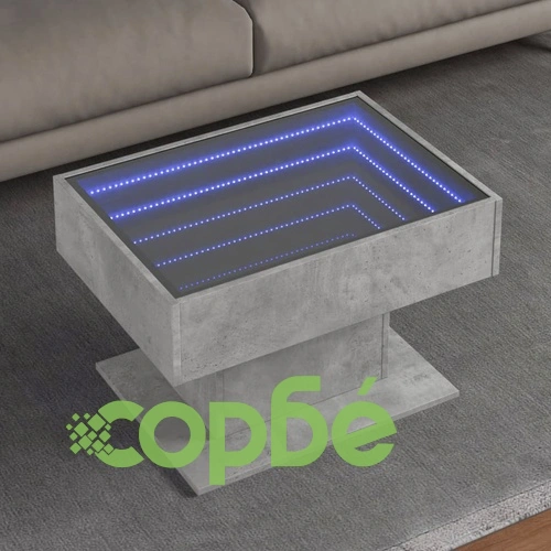 Маса за кафе с LED, бетонно сива, 70x50x45 см, инженерно дърво ➤ топ цена ➤ sorbe.bg