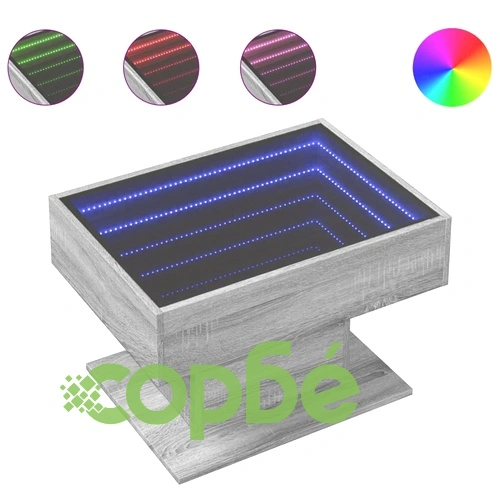Маса за кафе с LED, сив сонома, 70x50x45 см, инженерно дърво ➤ топ цена ➤ sorbe.bg