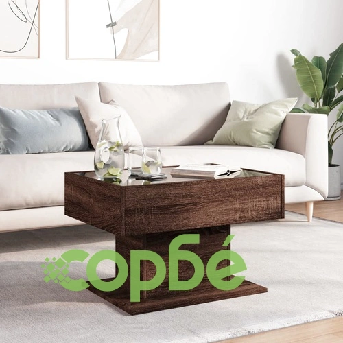Маса за кафе с LED, кафяв дъб, 70x50x45 см, инженерно дърво ➤ топ цена ➤ sorbe.bg