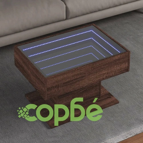 Маса за кафе с LED, кафяв дъб, 70x50x45 см, инженерно дърво ➤ топ цена ➤ sorbe.bg