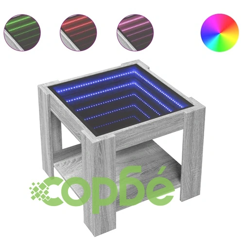 Маса за кафе с LED, сив сонома, 53x53x45 см, инженерно дърво ➤ топ цена ➤ sorbe.bg