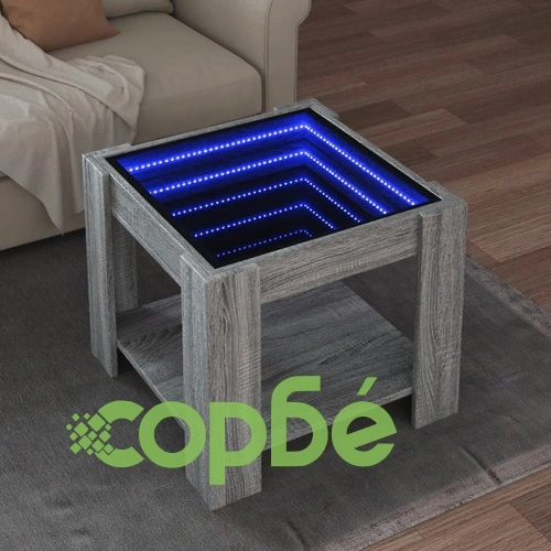 Маса за кафе с LED, сив сонома, 53x53x45 см, инженерно дърво ➤ топ цена ➤ sorbe.bg