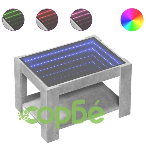 Маса за кафе с LED, бетонно сива, 73x53x45 см, инженерно дърво ➤ топ цена ➤ sorbe.bg