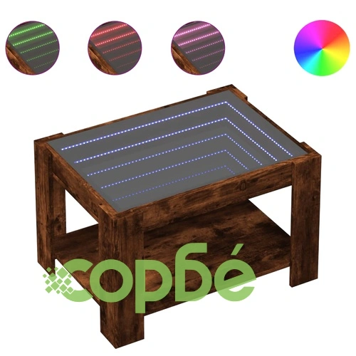 Маса за кафе с LED, опушен дъб, 73x53x45 см, инженерно дърво ➤ топ цена ➤ sorbe.bg