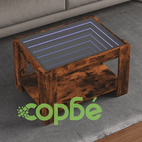 Маса за кафе с LED, опушен дъб, 73x53x45 см, инженерно дърво ➤ топ цена ➤ sorbe.bg
