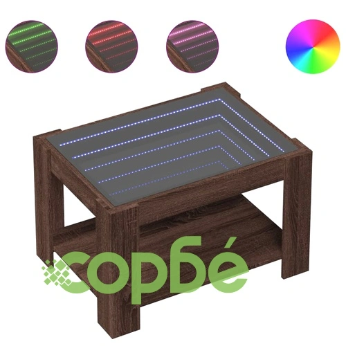 Маса за кафе с LED, кафяв дъб, 73x53x45 см, инженерно дърво ➤ топ цена ➤ sorbe.bg