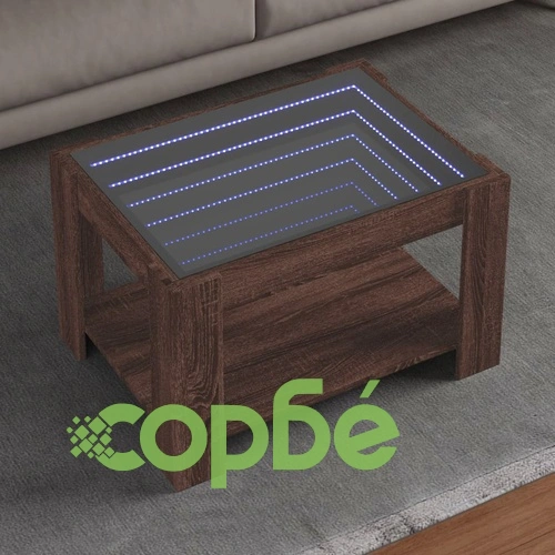 Маса за кафе с LED, кафяв дъб, 73x53x45 см, инженерно дърво ➤ топ цена ➤ sorbe.bg