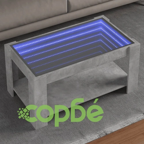 Маса за кафе с LED, бетонно сива, 93x53x45 см, инженерно дърво ➤ топ цена ➤ sorbe.bg