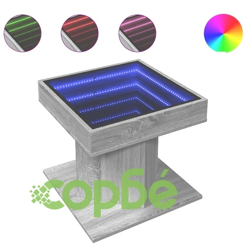 Маса за кафе с LED, сив сонома, 50x50x45 см, инженерно дърво ➤ топ цена ➤ sorbe.bg