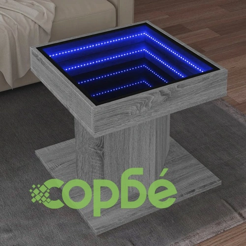 Маса за кафе с LED, сив сонома, 50x50x45 см, инженерно дърво ➤ топ цена ➤ sorbe.bg
