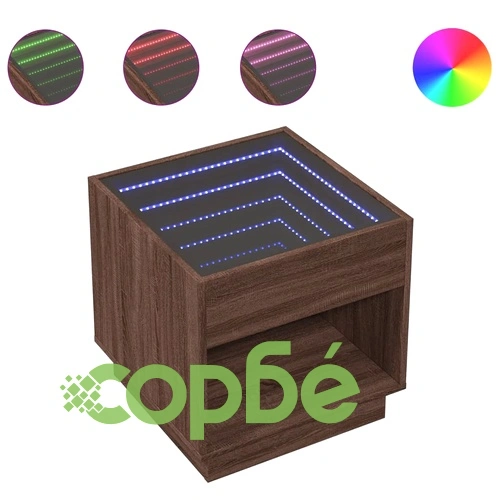 Маса за кафе с Infinity LED, кафяв дъб, 50x50x50 см ➤ топ цена ➤ sorbe.bg