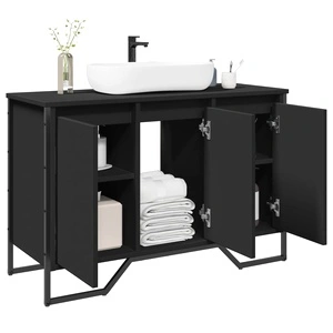 Шкаф за мивка за баня, черен, 91x35x60 см, инженерно дърво