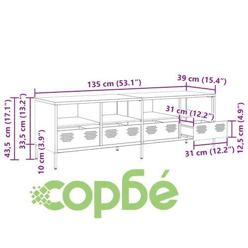 ТВ шкаф, бял, 135x39x43,5 см, студеновалцувана стомана ➤ топ цена ➤ sorbe.bg