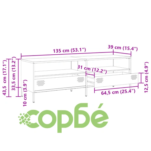 ТВ шкаф, черен, 135x39x43,5 см, студеновалцувана стомана ➤ топ цена ➤ sorbe.bg