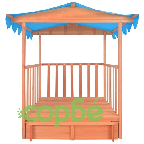 Детска къща за игра с пясъчник, чамова дървесина, синя, UV50 ➤ топ цена ➤ sorbe.bg