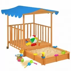 Детска къща за игра с пясъчник, чамова дървесина, синя, UV50