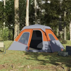 Къмпинг палатка за 6 души сиво-оранжев затъмняващ водоустойчив