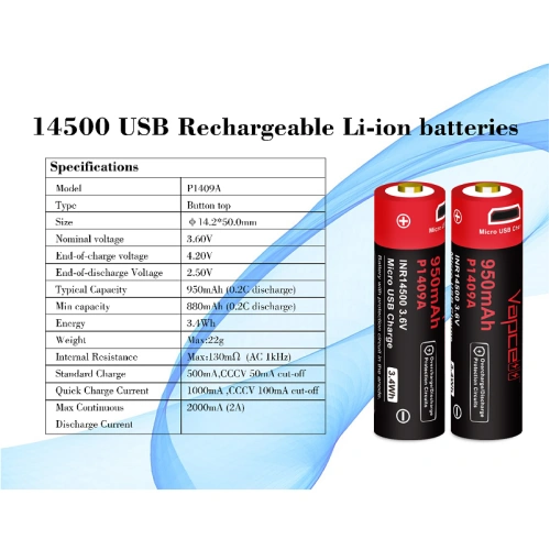 Батерия Vapcell P1409A 14500 950mAh със защита и Micro USB зареждане ➤ топ цена ➤ sorbe.bg