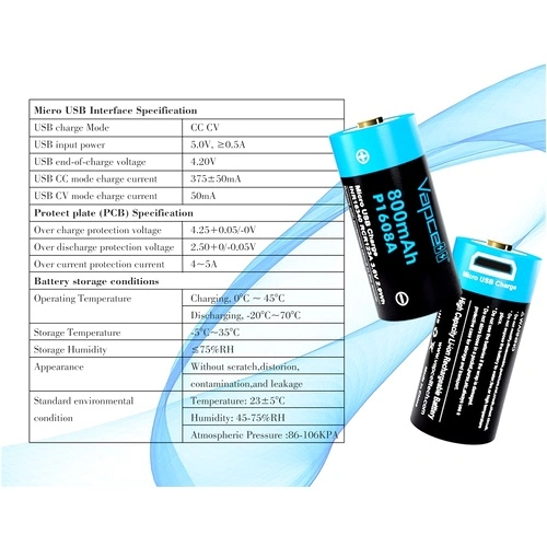 Батерия Vapcell P1608A 16340 800mAh със защита и Micro USB зареждане ➤ топ цена ➤ sorbe.bg