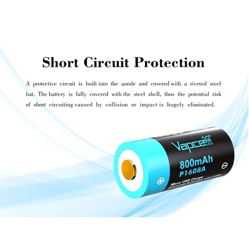 Батерия Vapcell P1608A 16340 800mAh със защита и Micro USB зареждане ➤ топ цена ➤ sorbe.bg