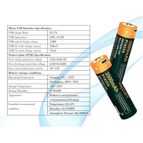 Батерия Vapcell P1835A 18650 3500mAh 10A със защита и Micro USB зареждане ➤ топ цена ➤ sorbe.bg