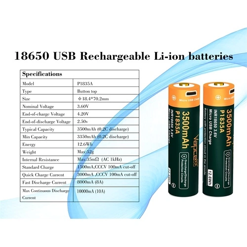 Батерия Vapcell P1835A 18650 3500mAh 10A със защита и Micro USB зареждане ➤ топ цена ➤ sorbe.bg