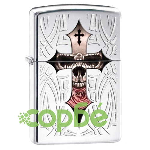 Запалка Zippo 28874  Skull+Cross+Rose, High Polished Chrome ➤ топ цена ➤ sorbe.bg