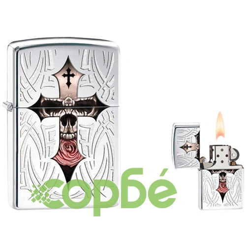 Запалка Zippo 28874  Skull+Cross+Rose, High Polished Chrome ➤ топ цена ➤ sorbe.bg