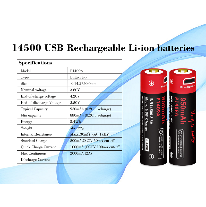 Батерия Vapcell P1409A 14500 950mAh със защита и Micro USB зареждане