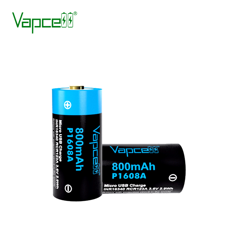 Батерия Vapcell P1608A 16340 800mAh със защита и Micro USB зареждане
