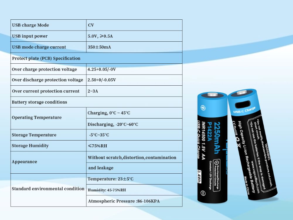 Батерия Vapcell P1422A 14500 2250mAh 1.5V AA със защита и USB-C зареждане
