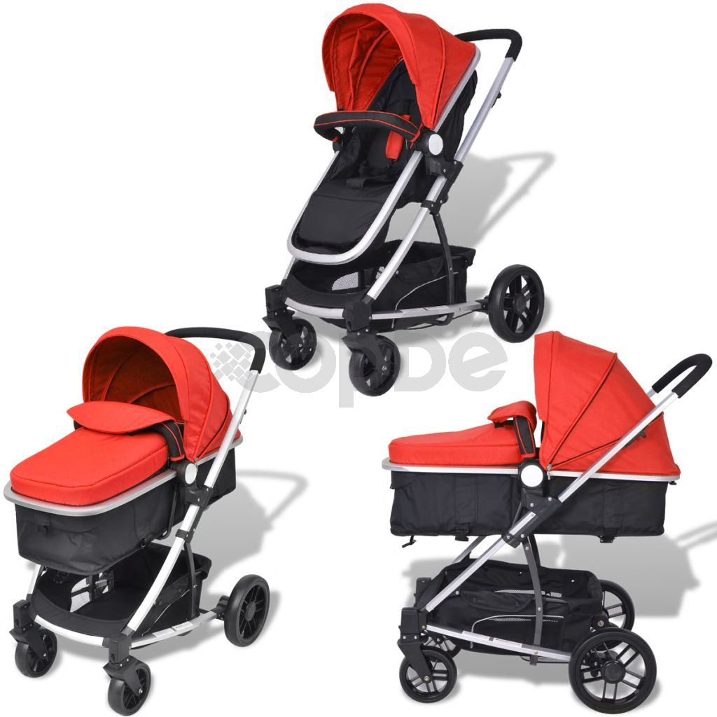 Детска/бебешка количка 2-в-1, алуминий, червено и черно