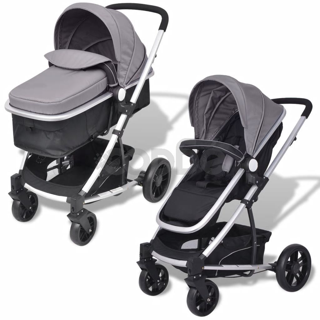 Детска/бебешка количка 2-в-1, алуминий, сиво и черно