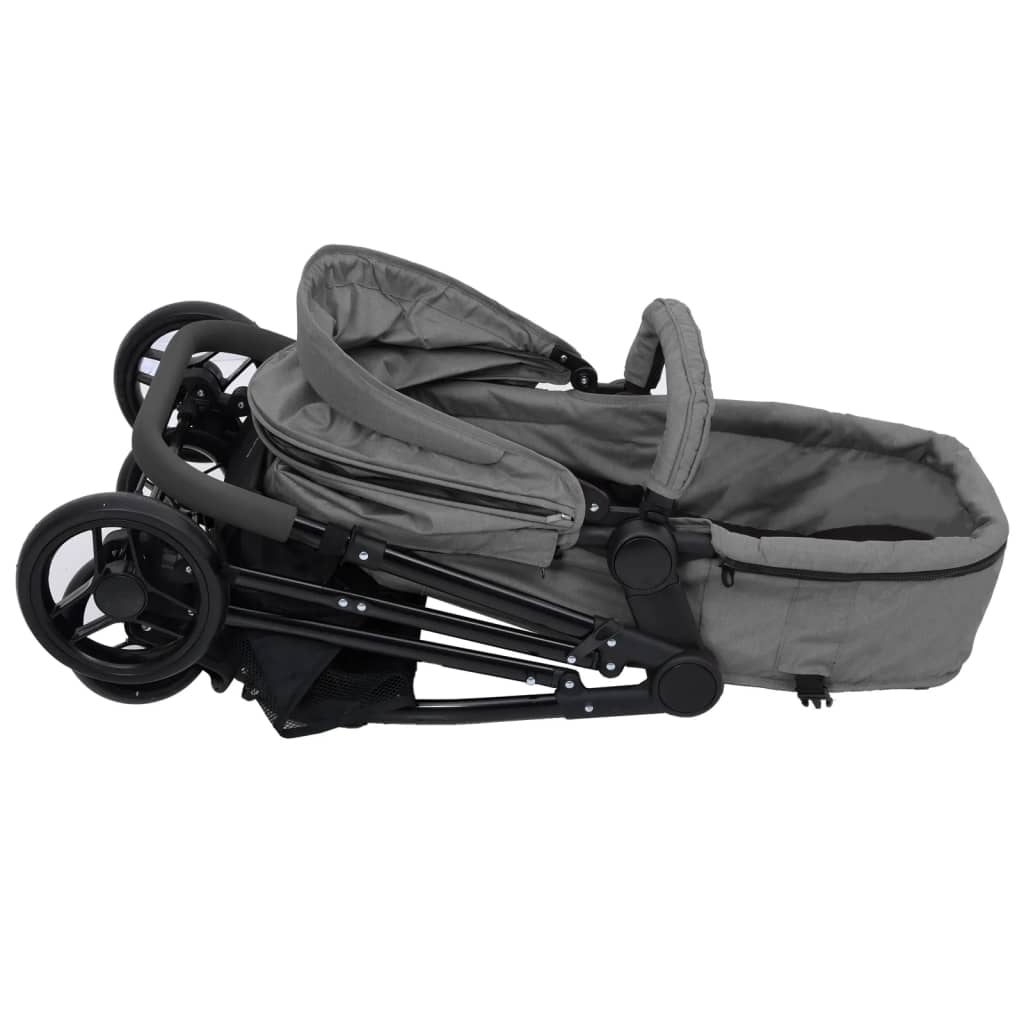 Бебешка количка 3-в-1, светлосиво и черно, стомана