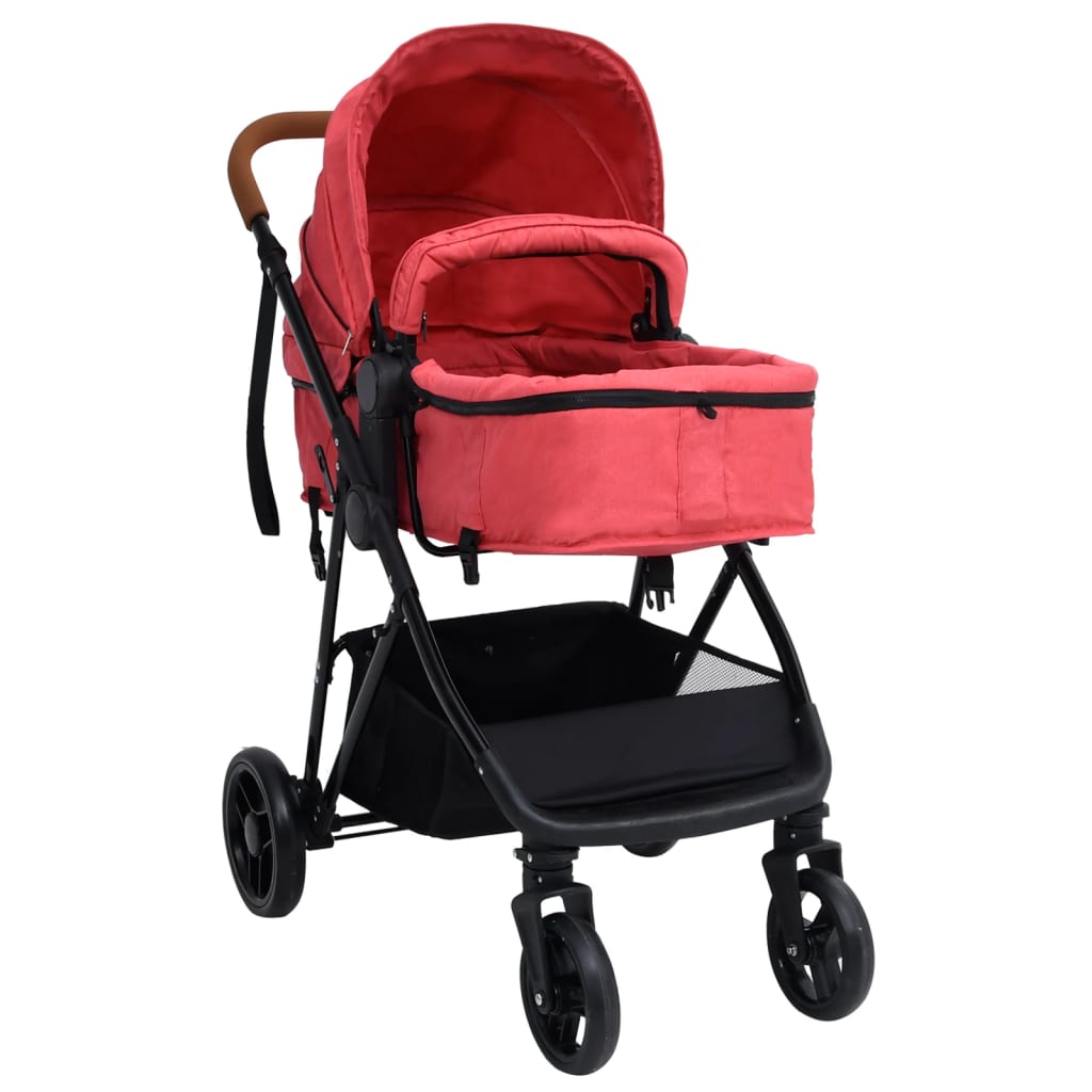 Бебешка количка 3-в-1, червено и черно, стомана